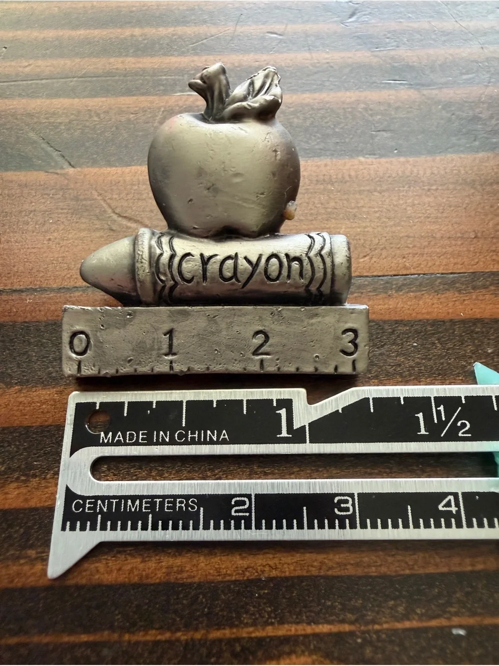 Vintage Teacher Brooch Pin Apple Crayon Ruler Pewter Tone School Educator 3”
